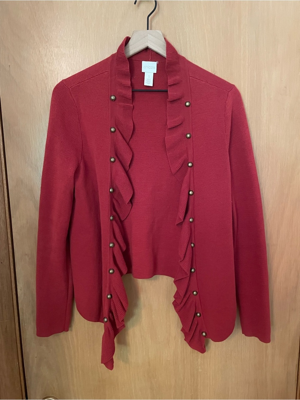 Chicos 100% Cotton Festive Red Ruffle Button Open Cardigan Size M EUC